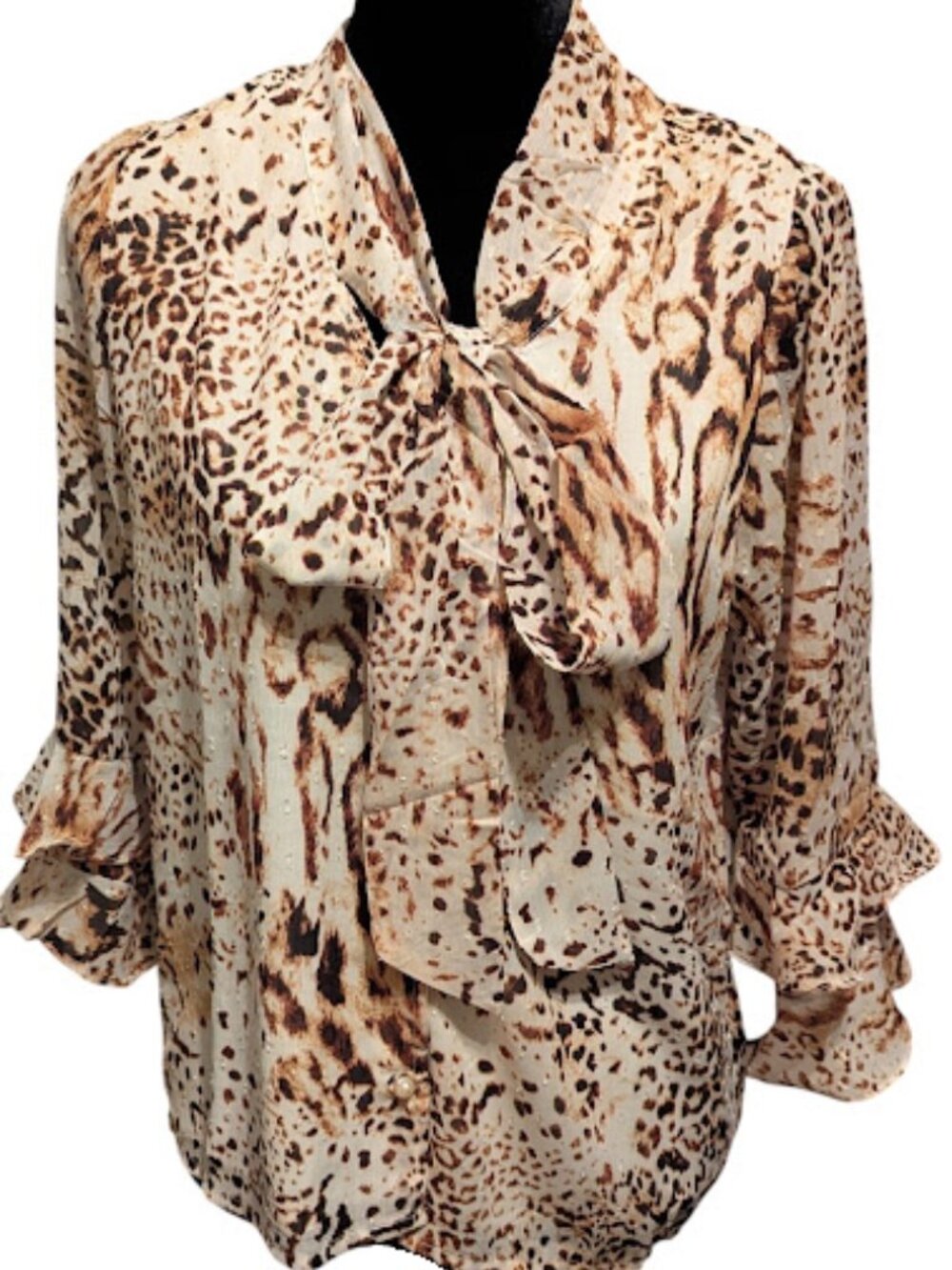 Adrienne Vittadini Womens Animal Print Ruffle Sleeve Blouse 1Button Missing SZ M